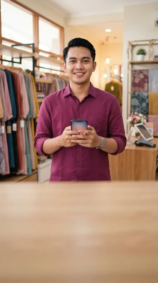 Pemilik butik tersenyum memegang HP di dalam butiknya